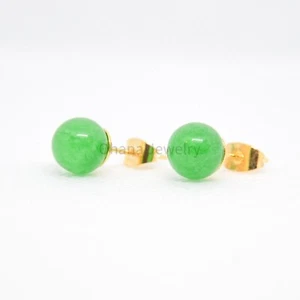 8mm Natural Jade Ball Post Stud Earrings - Picture 1 of 12
