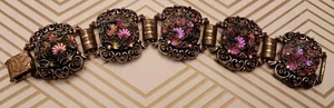 Bracciale Vintage Firmato Judy Lee Iridescente Vetro Ceco Viola Verde Arancione Rosa - Foto 1 di 10