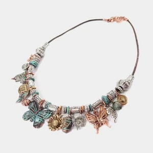 NEW Copper Patina Silver Multi Tone Metals Butterfly Charms On Cord Necklace Set - Picture 1 of 2