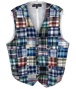 VTG J. Peterman Vest Men's M India Madras Patch Work Multi Pocket Button Up RARE - Picture 1 of 9