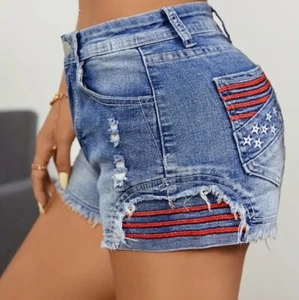 Women’s Sz Medium Distressed Denim American Flag Stretchy & Frayed Hem Shorts - Picture 1 of 13