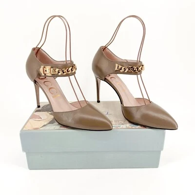 Gucci Sylvie Chain d'Orsay Pumps EU 40 US 10 Tan Leather High Heel Taupe Pointed - Image 1 of 4