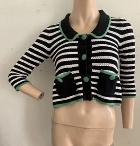 VINTAGE H&M STRIPE COTTON CROCHET KNIT CROPPED CARDIGAN UK 6 US 2 EU 32 XS - Picture 1 of 17