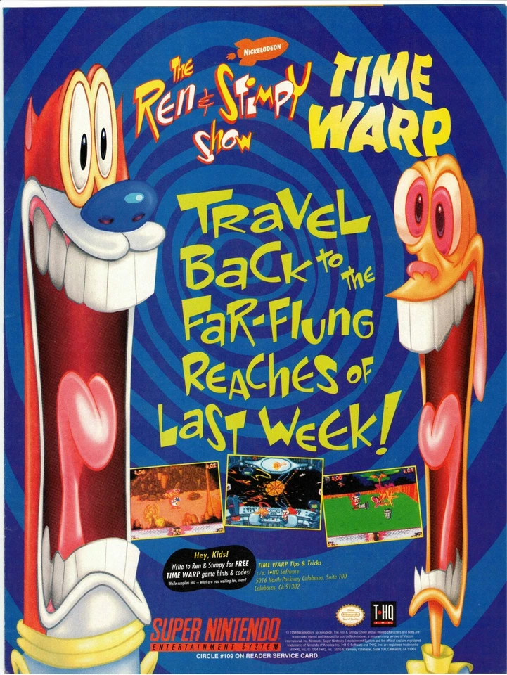 Vintage Retro 1994 Ren & Stimpy Time Warp Super Nintendo Video Game ad - Image 1 of 1