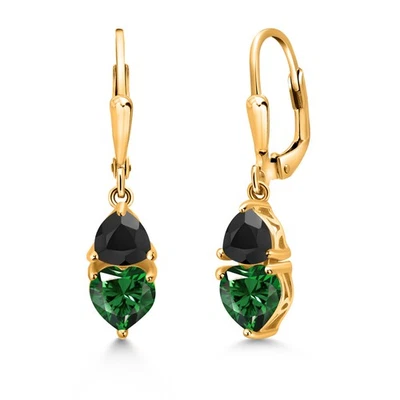 2.12 Ct Green Nano Emerald Black Onyx 18K Yellow Gold Plated Silver Earrings - Image 1 of 4