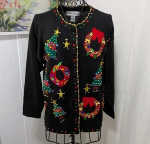 Vintage Victoria Harbour Ladies L Applique Beaded Ugly Christmas Cardigan  - Picture 1 of 5