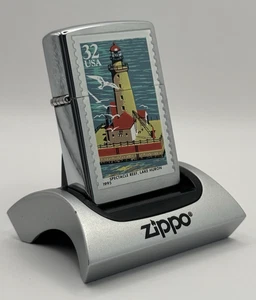 GENUINE Zippo Lighter LAKE HURON LIGHTHOUSE STAMP Brushed Chrome 1999 NEW IN TIN - Picture 1 of 8