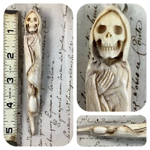 Carved antler grim reaper death in robes holding bottle watch fob or pendant - Picture 1 of 6