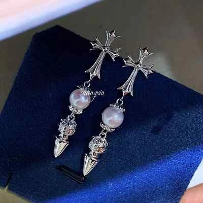 gorgeous 8-9mm south sea round white pearl dangle earring 925s sumptuous gift - Изображение 1 из 3