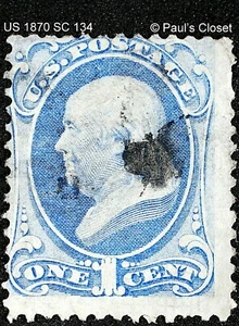 US SC 134 FRANKLIN 1¢ ULTRAMARINE 1870 "H" GRILL UNG HANDSTAMPED FANCY CANX F/VF - Picture 1 of 2