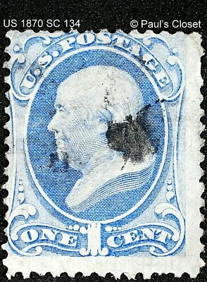 US SC 134 FRANKLIN 1¢ ULTRAMARINE 1870 "H" GRILL UNG HANDSTAMPED FANCY CANX F/VF - Image 1 of 2