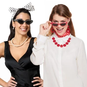 50s Retro Fancy Dress Set – Glasses, Polka Dot Bandana, Necklace & Earrings - Picture 1 of 17