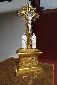 c1900 KREUZ Kruzifix mit SPIELUHR SPIELWERK Jesus Christus Kreuzigung Standkreuz - Bild 1 von 19