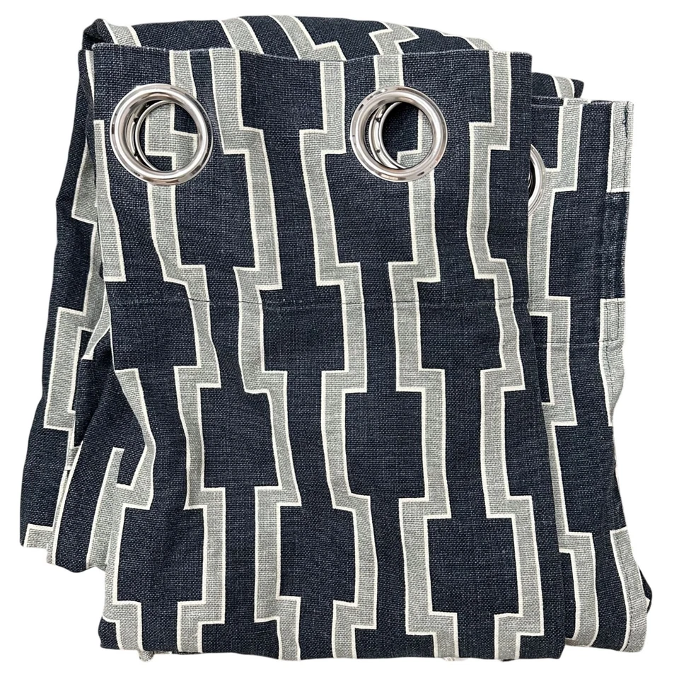 West Elm Wallpaper Print Window Curtain Panel Grommet Linen Cotton Blue 48"x 96" - Image 1 of 4