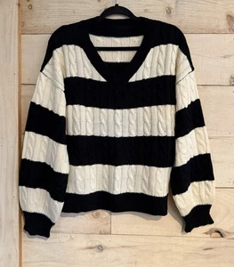 Pacsun Oversized V-neck Cable Knit Sweater EUC Black & Ivory Striped - Picture 1 of 5
