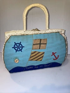 Saks Fifth Avenue Wicker White Handbag Purse w/ “take me in tow” sailboat theme - Picture 1 of 21