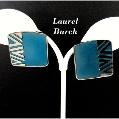 Vintage Laurel Burch Geometric Naito Blue Post Earrings, Rhodium Plated, 1980s - Image 1 of 4