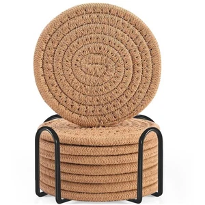 8 Pcs Drink Coasters with Holder, Cotton Woven Absorbent Coasters for Drinks,... - Picture 1 of 7