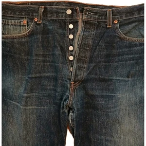 Levis Button Fly Men's 501 Blue Jeans 38 x 30 Dark Wash Distressed READ - Picture 1 of 10