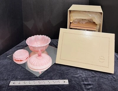 VTG Fenton Rosalene Ogee Pink Milk Slag Glass 3 Piece Candy Dish; Original Box - Image 1 of 4