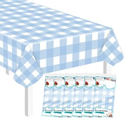 6 Pack Light Blue & White Checkered Tablecloth Rectangular Plastic Table Cover - Image 1 of 4