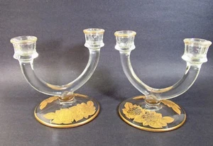 Pr PADEN CITY GLASS "BETSY" 2 LITE CANDLESTICKS -#793 GOLDEN CORSAGE GOLD ETCH - Picture 1 of 3