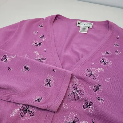 Pendleton, Suéter Cárdigan Bordado Rosa, Ligero, Talla L Foto 1 de 4