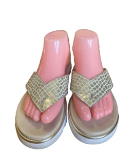 Donald J Pliner Leea Metallic leather thong Sandals 9.5 Gold White Snake Print - Picture 1 of 16