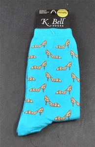 NWT New K Bell Socks Blue Top To Toe Tan Brown Shoe Crew Size 9-11 - Picture 1 of 12