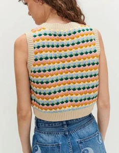 Ghanda Crochet Knit Vest Sz S Striped Cropped Taupe Rib Hem - Picture 1 of 13