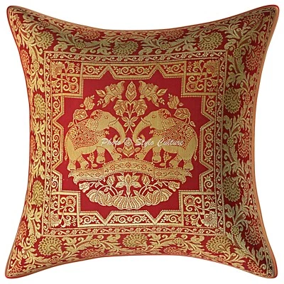 Ethnic Elephant Sofa Throw Pillows 40x40 cm Maroon Brocade Cushion Cover - Image 1 of 3