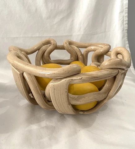 Ceramic Bread Basket Kitchen Table Center Piece Unique Twisted Shape Cover