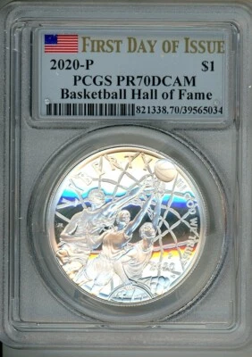 2020 P Basketball Hall of  Fame Commemorative BU Silver Dollar $1 PCGS PR70 - Image 1 of 2