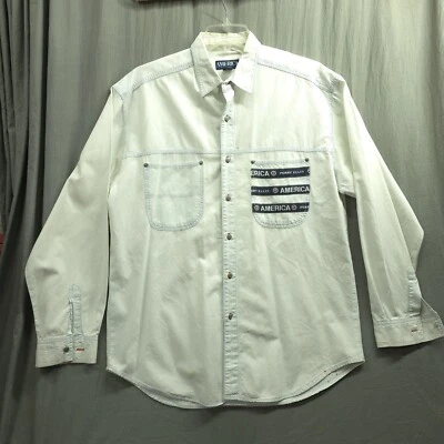 Vintage Perry Ellis "America" Distressed Light Wash Denim Style Button Up Size L - Image 1 of 4