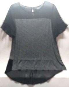 Worthington Mixed Media Black Large Semi Sheer Bodice Hem Panel Ruffle Sleeves - Picture 1 of 10