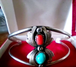 OLD PAWN INDIANERARMBAND "BLUMEN" TÜRKIS & KORALLE - Bild 1 von 9