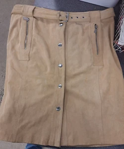 Michael Kors Genuine Tan Suede Leather Skirt Snaps & Zip /Belted Size 14 - Picture 1 of 6