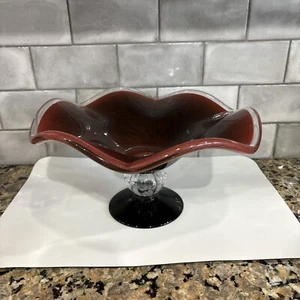 Vintage Hand Blown MCM 12"Footed Amber Art Glass Pedestal Ruffled Bowl Murano? - Picture 1 of 7