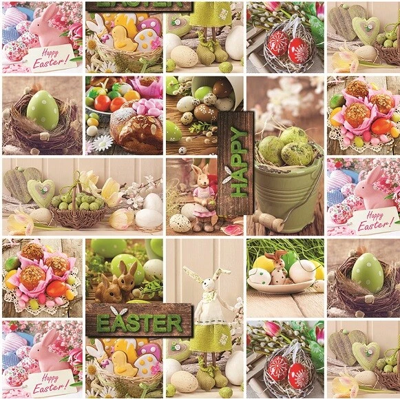 Nappe de Table en Toile Cirée Pâques Happy Patchwork P1091-1 Carré Rond Oval - Photo 1/1