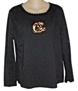 MUJER VILLAGER NEGRA L/S Informal Top Camiseta CRISTALES CALABAZA HALLOWEEN OTOÑO TALLA L - Imagen 1 de 8