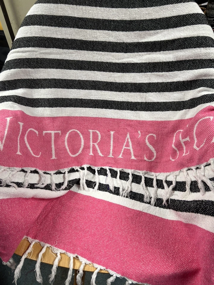 Victoria's Secret Pink Black White Stripe Throw Blanket Towel Fringe 41" x 56" - Image 1 of 4