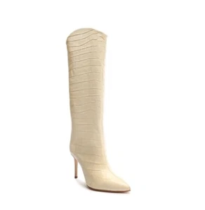 NEW SCHUTZ 7 MARYANA HEELS STILETTO BOOTS CROCODILE EMBOSSED LEATHER IVORY - Picture 1 of 10