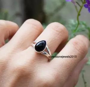 Natural Black Onyx Ring Pear Shape 925 Solid Silver Yellow Gold Fill Ring Women - Picture 1 of 3