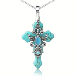 Native Indian Cross Pendant Necklace with reconstructed Turquoise and 23" Chain - Picture 1 of 4