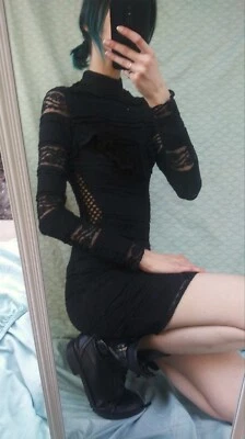 XS Black Gothic Goth Lace Dress Women's by bebe Bodycon Tight Midi Sexy Elegant - image 1 of 4