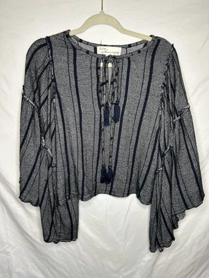 Blusa/Top DE COLECCIÓN HAVANA Sarga AZUL MARINO/MULTI RAYAS Corbata Borla MANGAS CAMPANA Talla M Foto 1 de 4