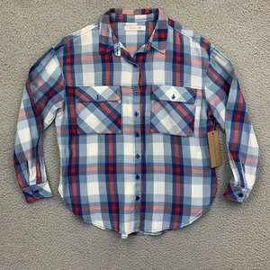 Billy T Women’s Long Roll Tab Sleeves Blue Red Plaid Button Up Blouse Shirt - Picture 1 of 11