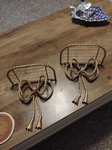 Vtg Pair Gold Copper Tone Metal Hollywood Regency Rope Bow Hanging Wall Shelves - Picture 1 of 5