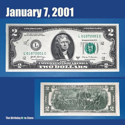 January 7, 2001 Birthday Anniversary $2 Two Dollar Bill Serial Number 01072001 - Image 1 of 3