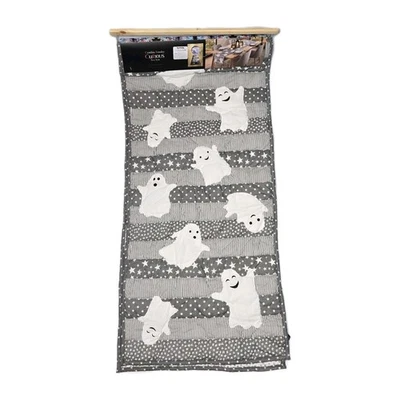 Cynthia Rowley Ghosts Gray White Table Runner Curious 16x72 Halloween Quilted - Image 1 of 4